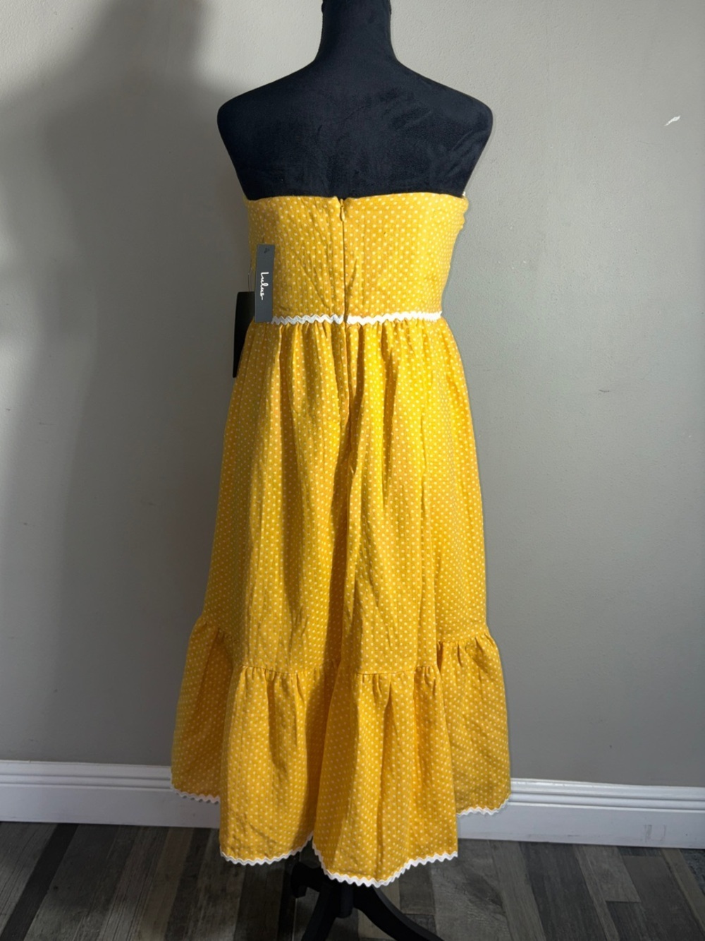 Lulu's Strapless Yellow Midi Dress with White Trim and Tie Front - Picture 3 of 5